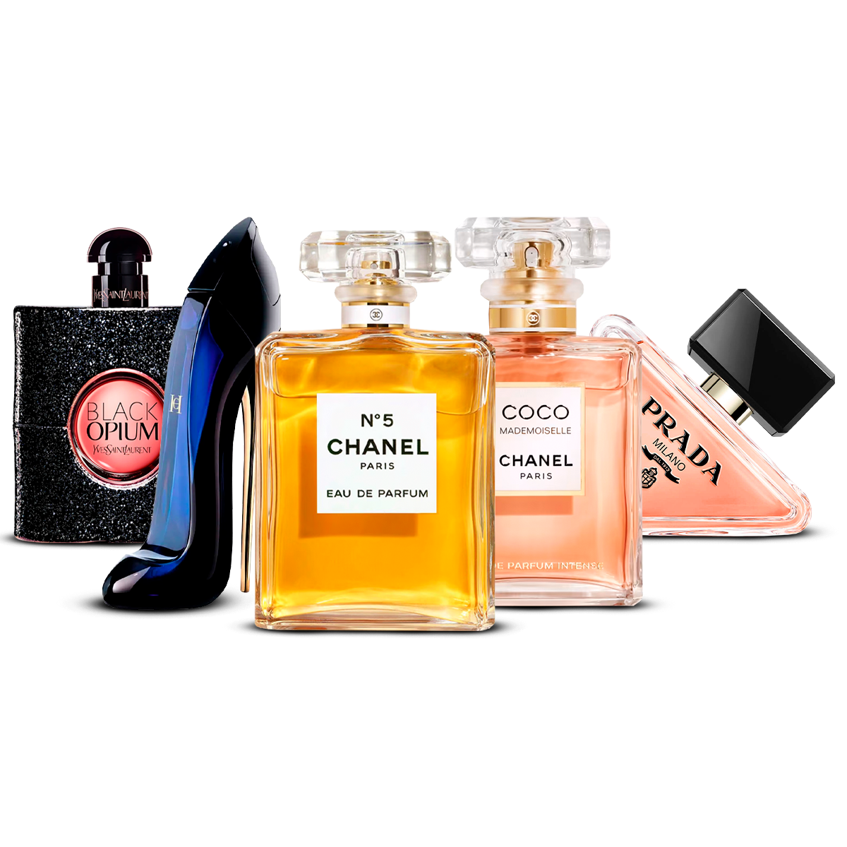 5 Parfüm Készlet – Black Opium, Good Girl, Chanel N°5, Coco Mademoiselle és Prada Paradoxe [100 ml mindegyik]
