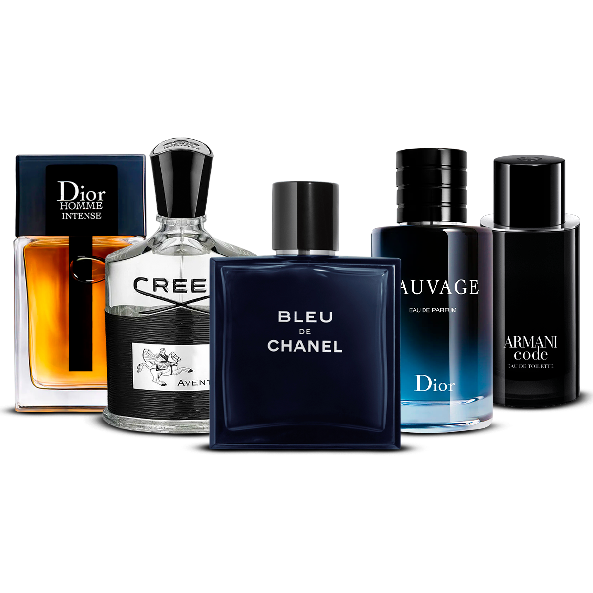 5 Parfüm Készlet – Dior Homme Intense, Creed Aventus, Bleu de Chanel, Sauvage és Armani Code [100 ml mindegyik]