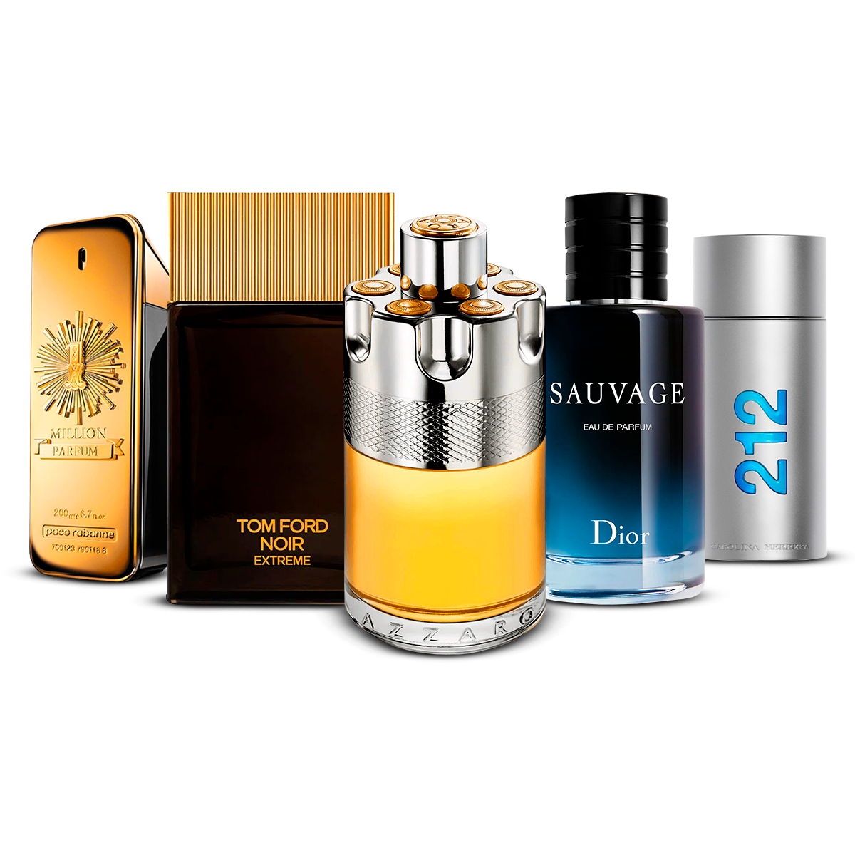 5 Parfüm Készlet – 1 Million, Tom Ford Noir Extrême, Azzaro Wanted, Sauvage és 212 Men [100 ml mindegyik]