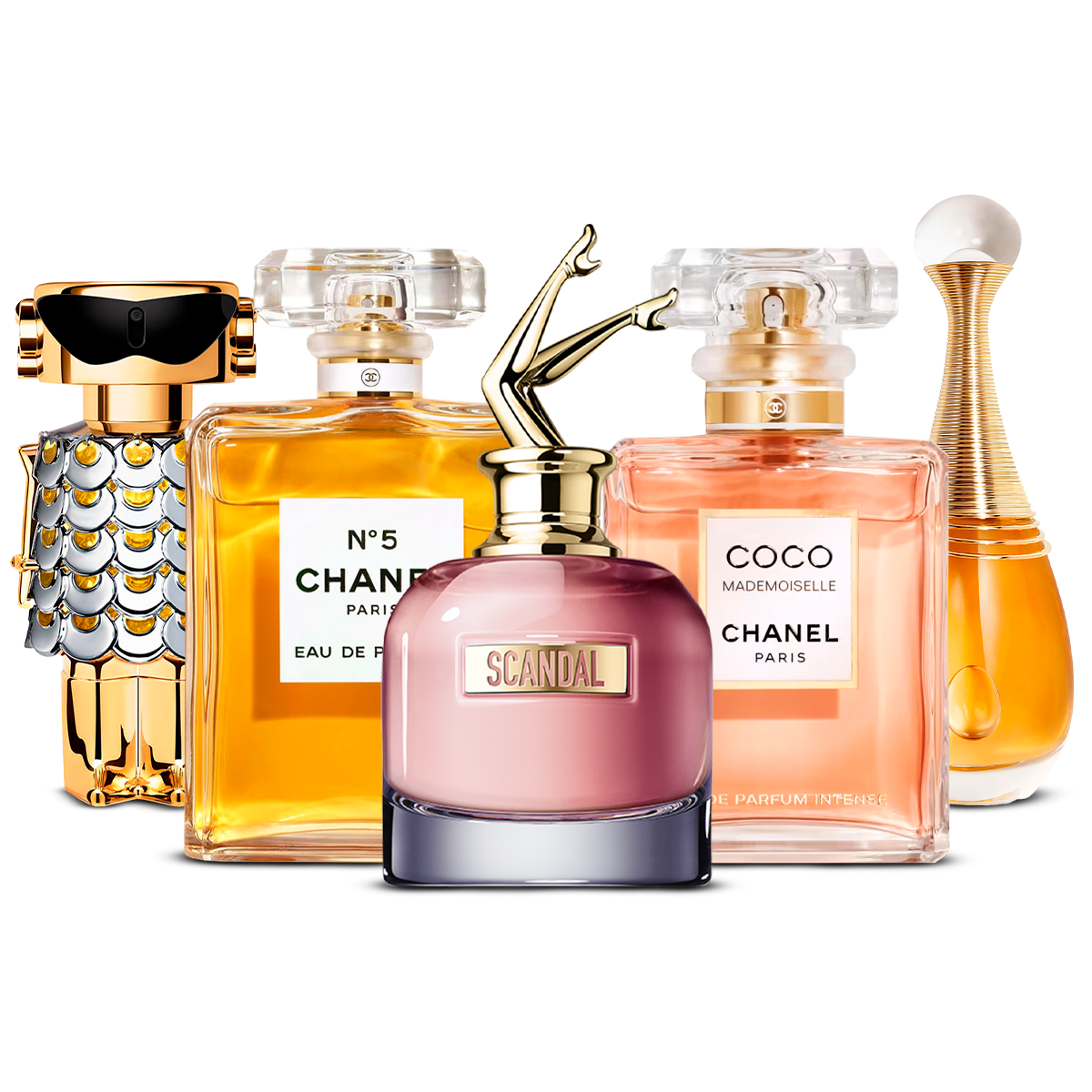 5 Parfüm Készlet – Fame, Chanel Nº5, Scandal, Coco Mademoiselle és J'adore [100 ml mindegyik]