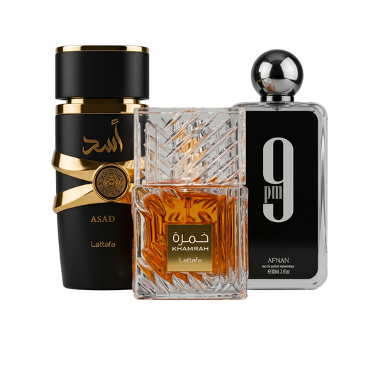 3 Parfüm Készlet | Afnan 9PM + Lattafa Khamrah + Lattafa Asad 100 ml