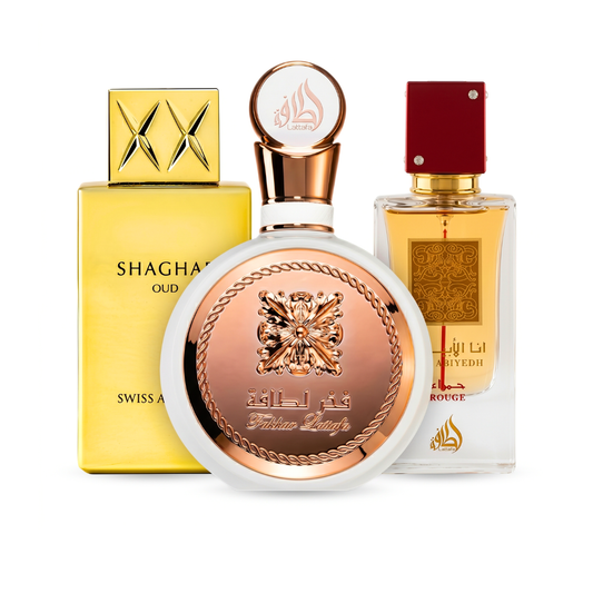 3 Parfüm Készlet | Fakhar Rose + Ana Abiyedh Rouge + Swiss Arabian Shaghaf Oud 100 ml