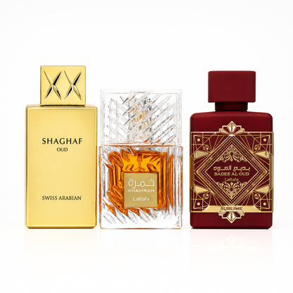 3 Parfüm Készlet | Khamrah + Bade'e Al Oud Sublime + Swiss Arabian Shaghaf Oud 100 ml