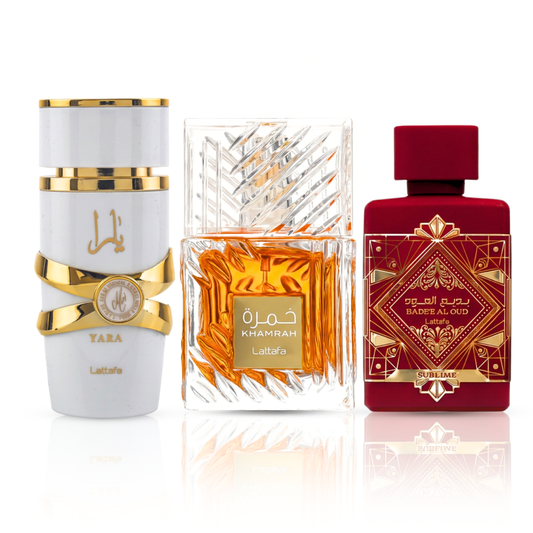 3 Parfüm Készlet | Khamrah + Bade'e Al Oud Sublime + Yara Moi 100 ml