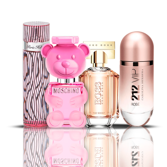 4 Parfüm Készlet | 212 VIP Rose + Moschino Bubble Gum + Hugo Boss The Scent + Paris Hilton 100 ml